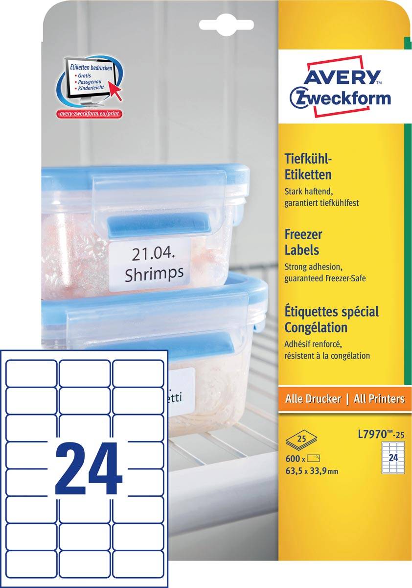 Avery diepvriesetiketten Ft 63,5 x 33,9 mm (b x h), wit, doos van 600 etiketten