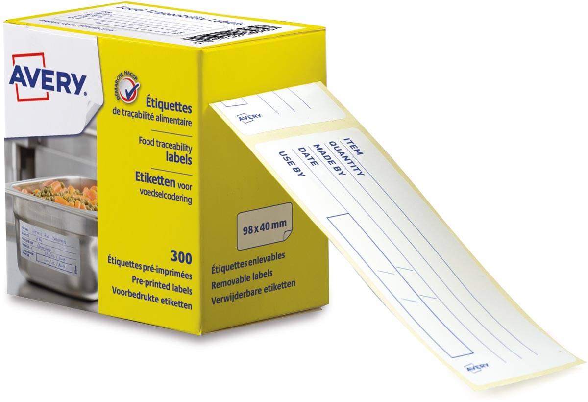 Avery etiketten voedselcodering, ft 98 x 40 mm, 1 rol met 300 afscheurbare etiketten in dispenser, Engels
