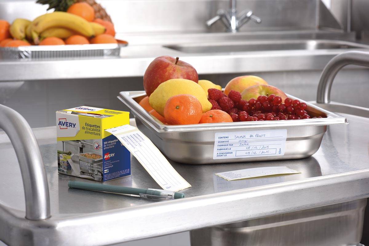 Avery etiketten voedselcodering, ft 98 x 40 mm, 1 rol met 300 afscheurbare etiketten in dispenser, Frans