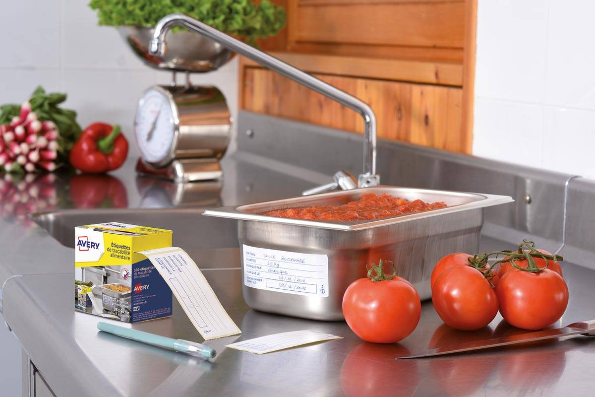 Avery etiketten voedselcodering, ft 98 x 40 mm, 1 rol met 300 afscheurbare etiketten in dispenser, Frans