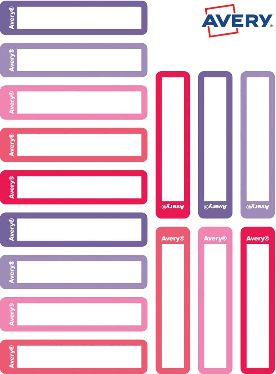 Avery Family mini naametiketten, ft 5 x 1 cm, roze/paars, ophangbare etui met 30 etiketten