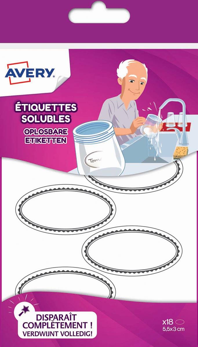Avery Family ovale oplosbare etiketten, ft 5,5 x 3 cm, ophangbare etui met 18 etiketten
