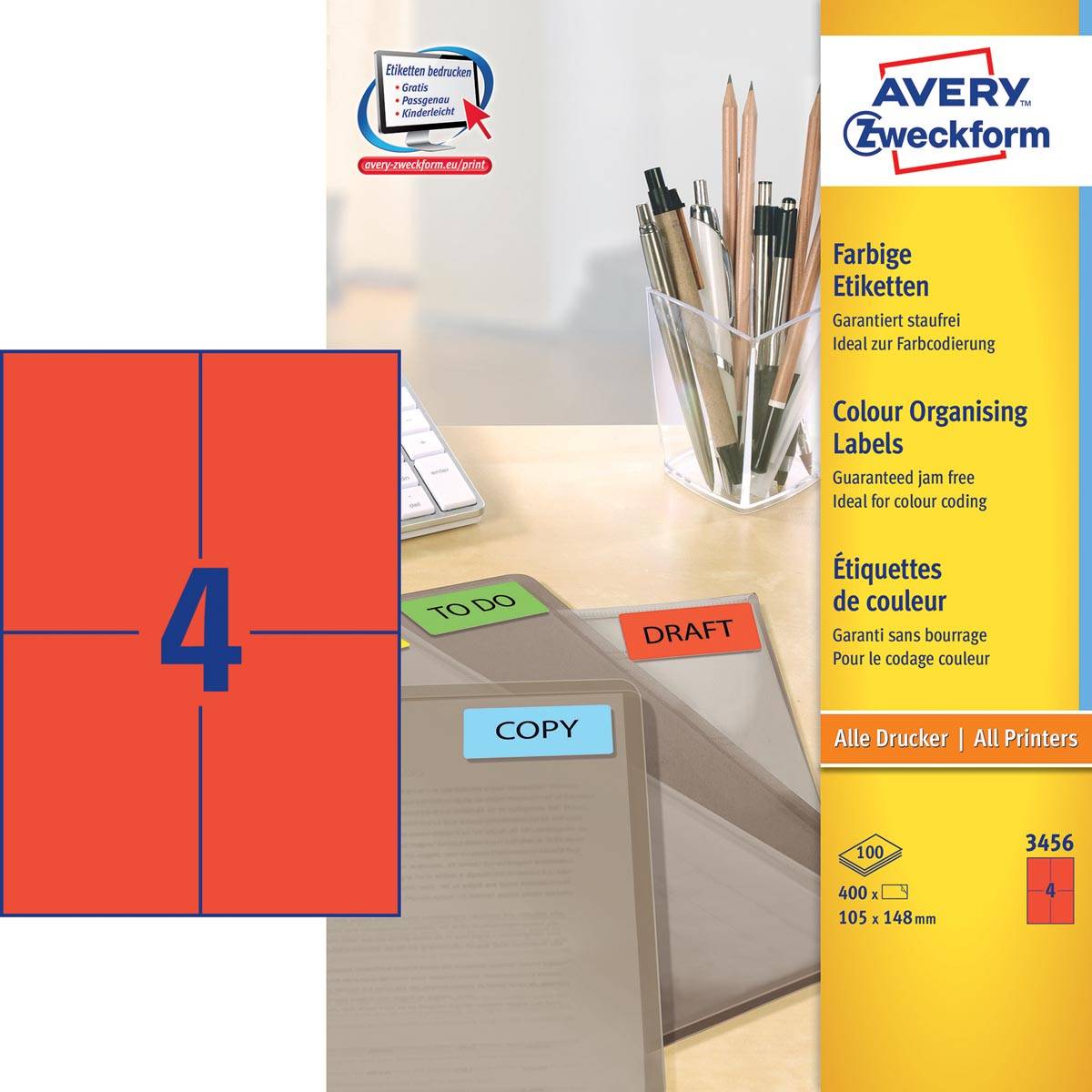 Avery gekleurde universele etiketten ft 105 x 148 mm (b x h), 400 stuks, rood