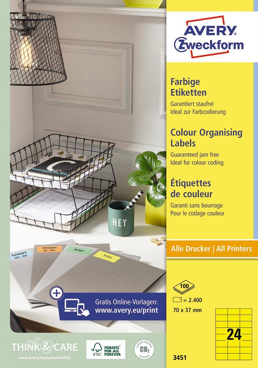 Avery gekleurde universele etiketten ft 70 x 37 mm (b x h), 2400 stuks, geel