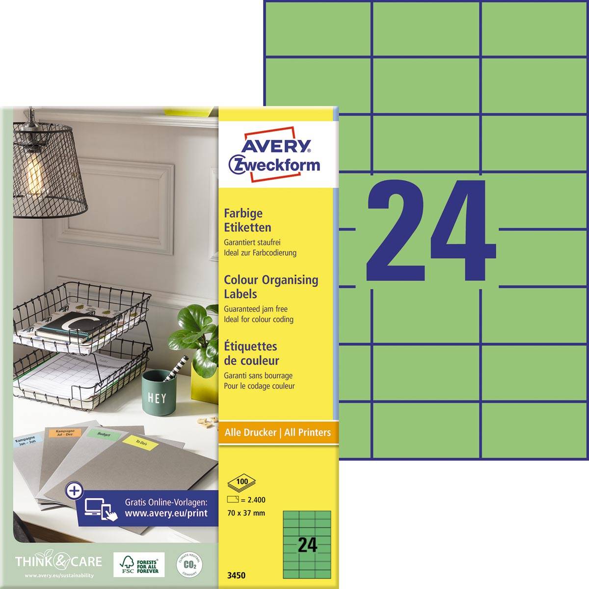 Avery gekleurde universele etiketten ft 70 x 37 mm (b x h), 2400 stuks, groen