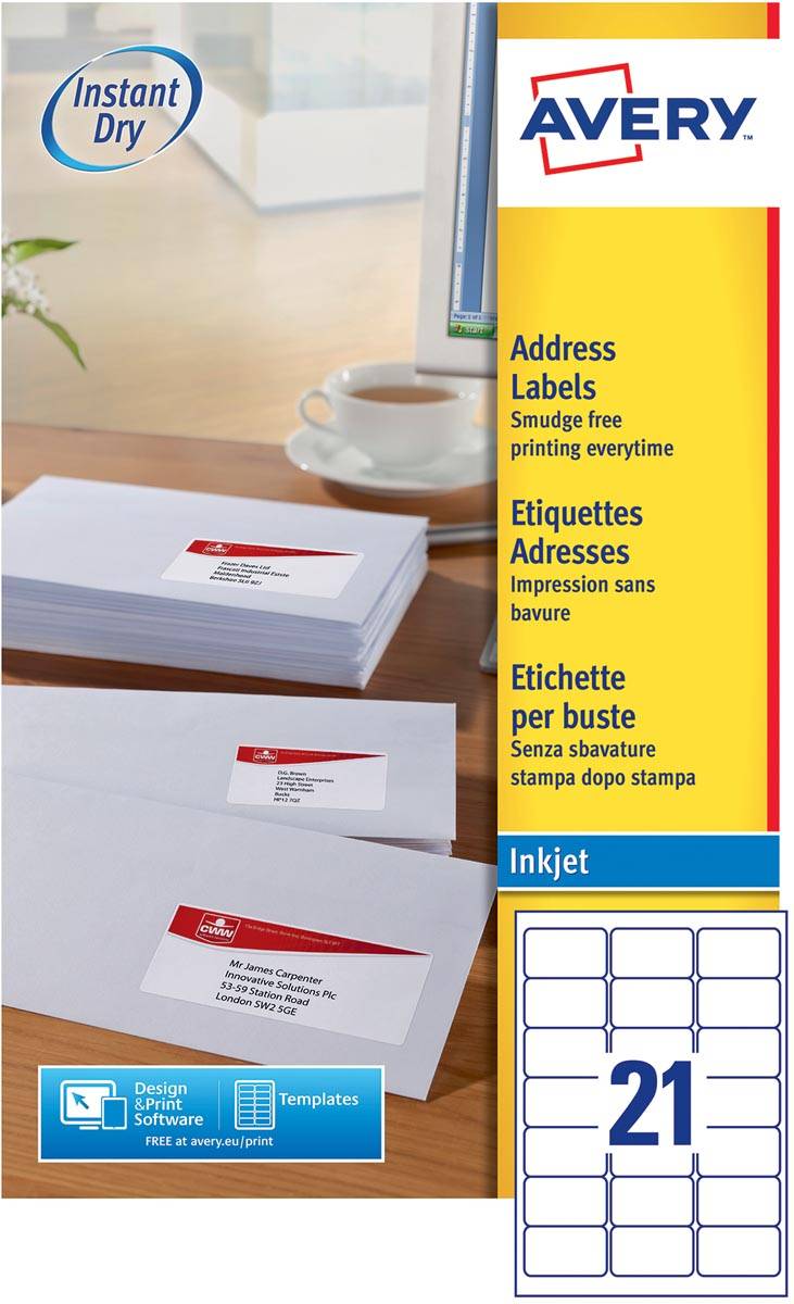 Avery J8160-25 adresetiketten ft 63,5 x 38,1 mm(b x h), 525 etiketten, wit