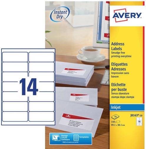 Avery J8163-10 adresetiketten ft 99,1 x 38,1 mm (b x h), 140 etiketten wit