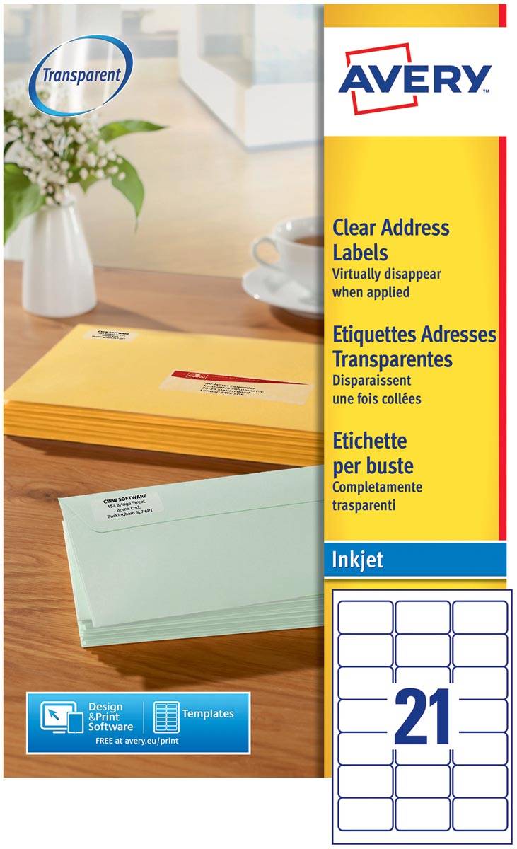 Avery J8560-25 adresetiketten ft 63,5 x 38,1 mm (b x h), 525 etiketten, transparant