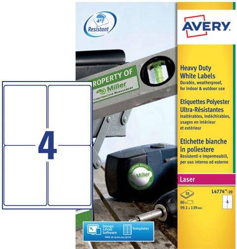Avery L4774-20 ultra-sterke etiketten ft 99,1 x 139 mm (b x h), 80 etiketten, wit