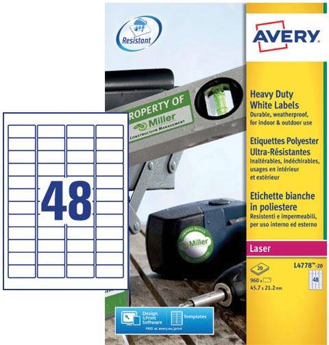 Avery L4778-20 ultra-sterke etiketten ft 45,7 x 21,2 mm (b x h), 960 etiketten, wit