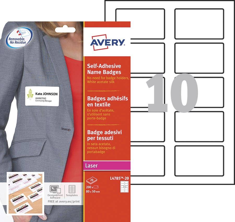 Avery L4785-20 zelfklevende badge ft 80 x 50 mm, doos van 200 stuks, wit