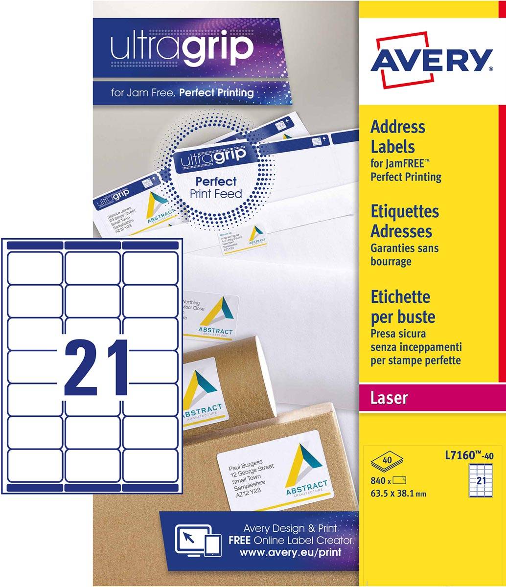 Avery L7160, Adresetiketten, Laser, Ultragrip, wit, 40 vellen, 21 per vel, 63,5 x 38,1 mm