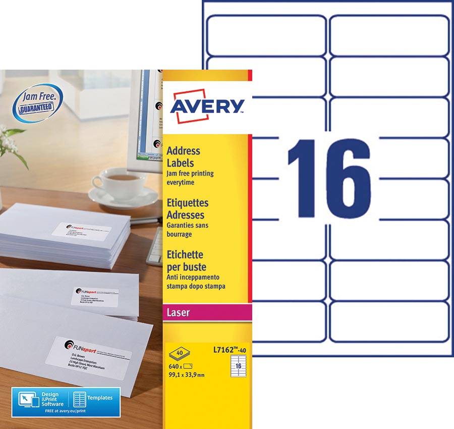 Avery L7162, Adresetiketten, Laser, Ultragrip, wit, 40 vellen, 16 per vel, 99,1 x 33,9 mm