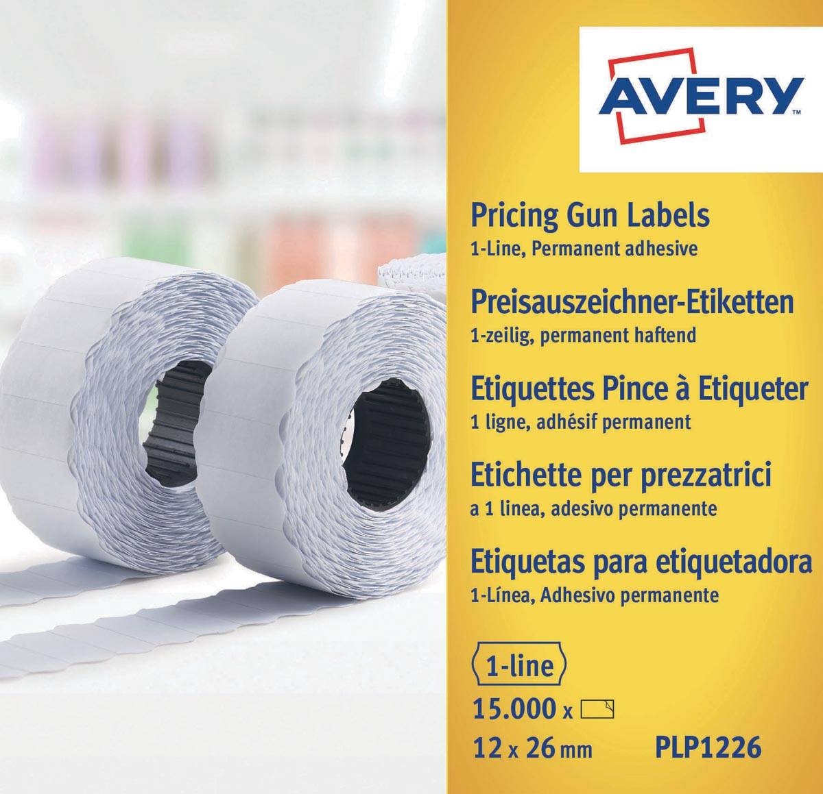 Avery PLP1226 etiketten voor prijstang permanent, ft 12 x 26 mm, 15 000 etiketten, wit