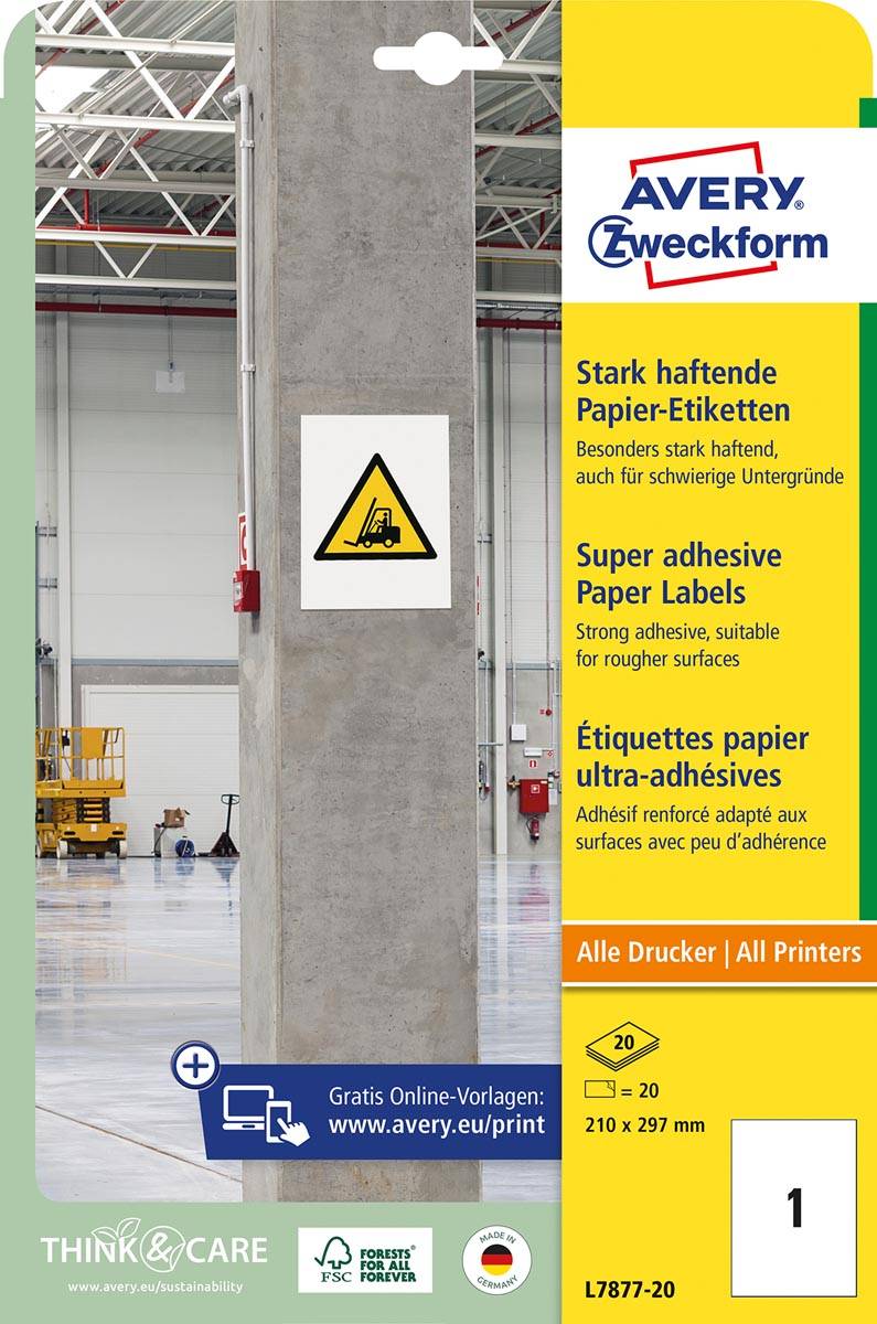 Avery sterk klevende papieren etiketten ft 210 x 297 mm, pak van 20 etiketten