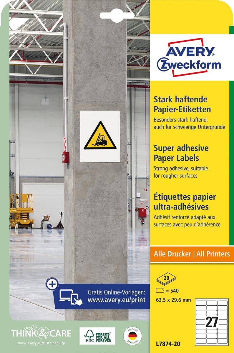 Avery sterk klevende papieren etiketten ft 63,5 x 29,6 mm, pak van 540 etiketten