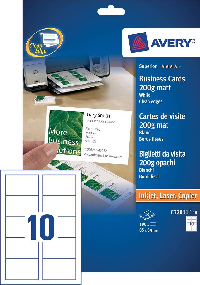 Avery visitekaarten 200 g/m², Ft 85 x 54 mm (10 per blad), doos van 10 blad