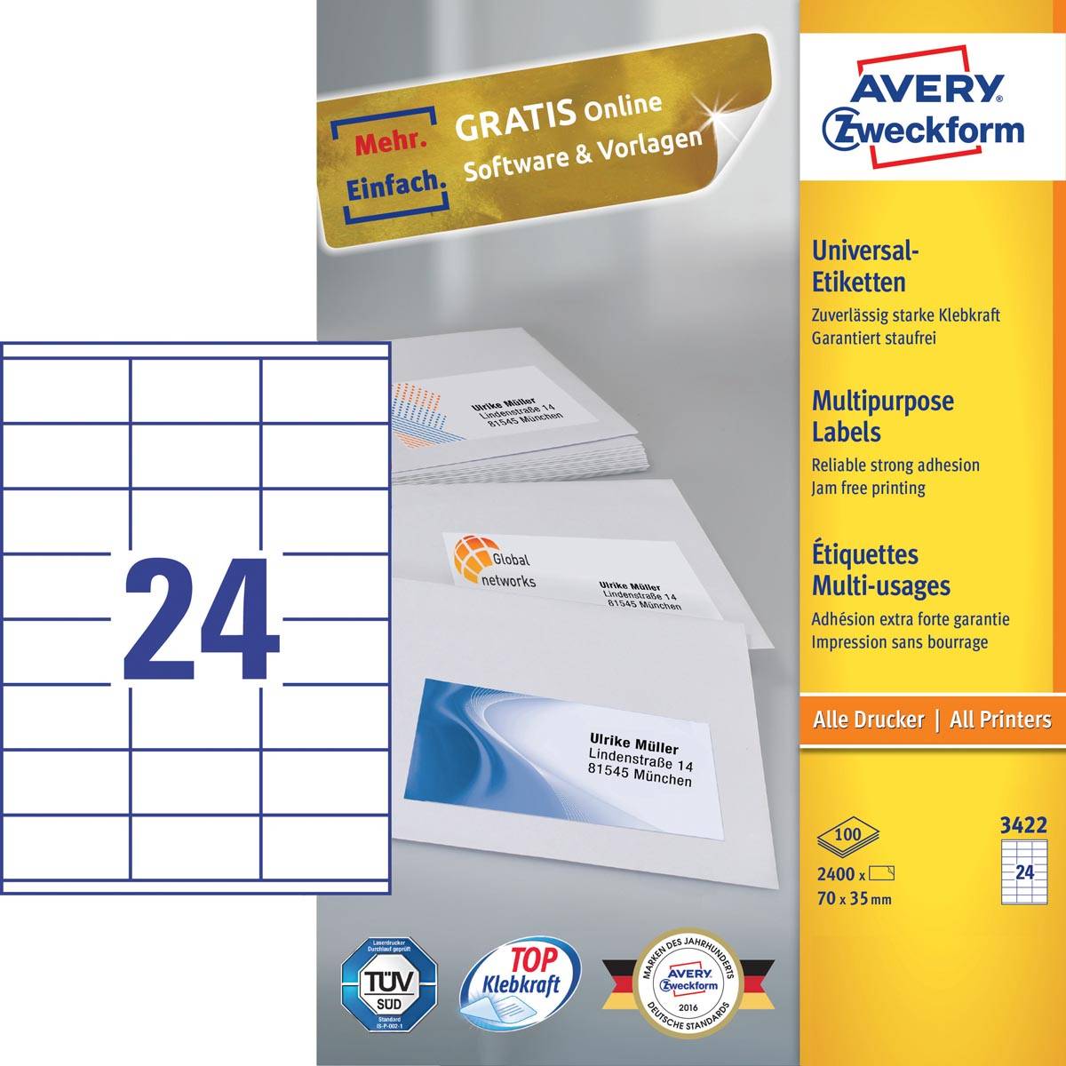 Avery Zweckform 3422, Universele etiketten, Ultragrip, wit, 100 vel, 24 per vel, 70 x 35 mm