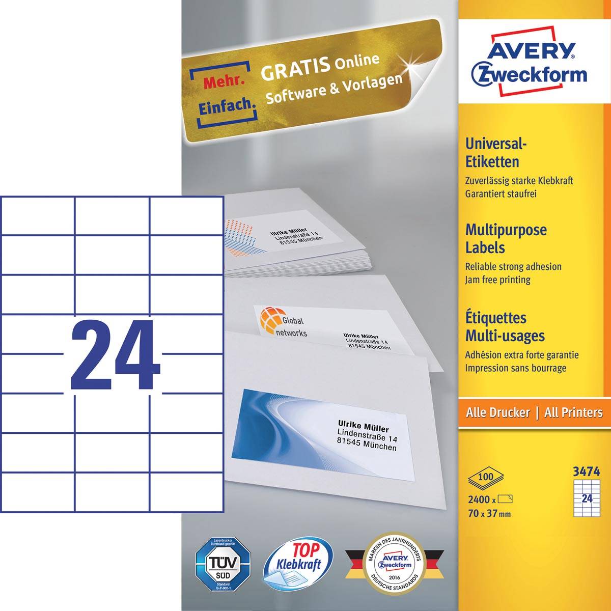 Avery Zweckform 3474, Universele etiketten, Ultragrip, wit, 100 vel, 24 per vel, 70 x 37 mm