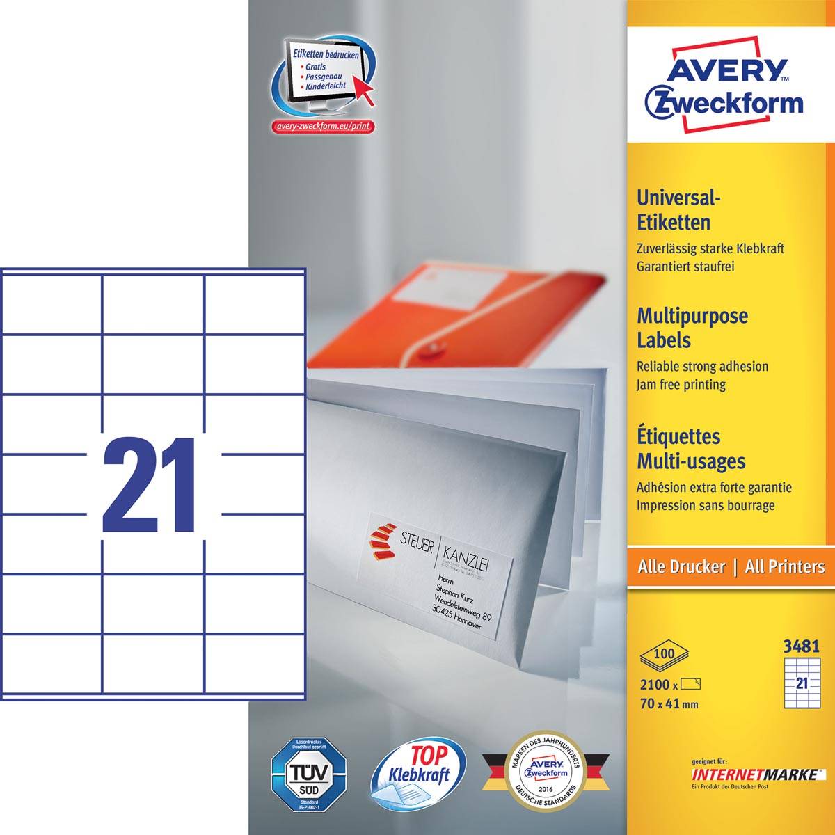 Avery Zweckform 3481, Universele etiketten, Ultragrip, wit, 100 vel, 21 per vel, 70 x 41 mm