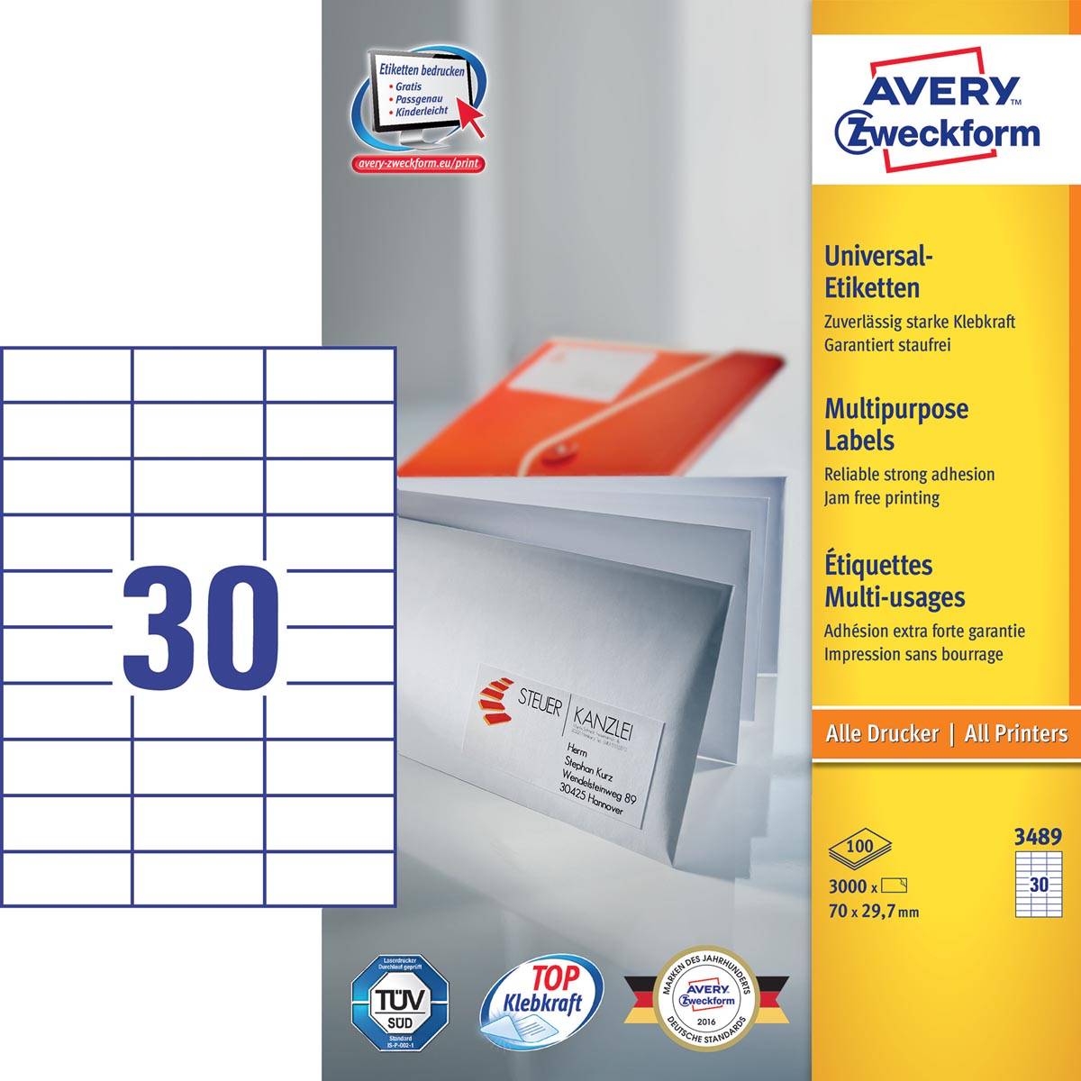 Avery Zweckform 3489, Universele etiketten, Ultragrip, wit, 100 vel, 30 per vel, 70 x 29,7 mm