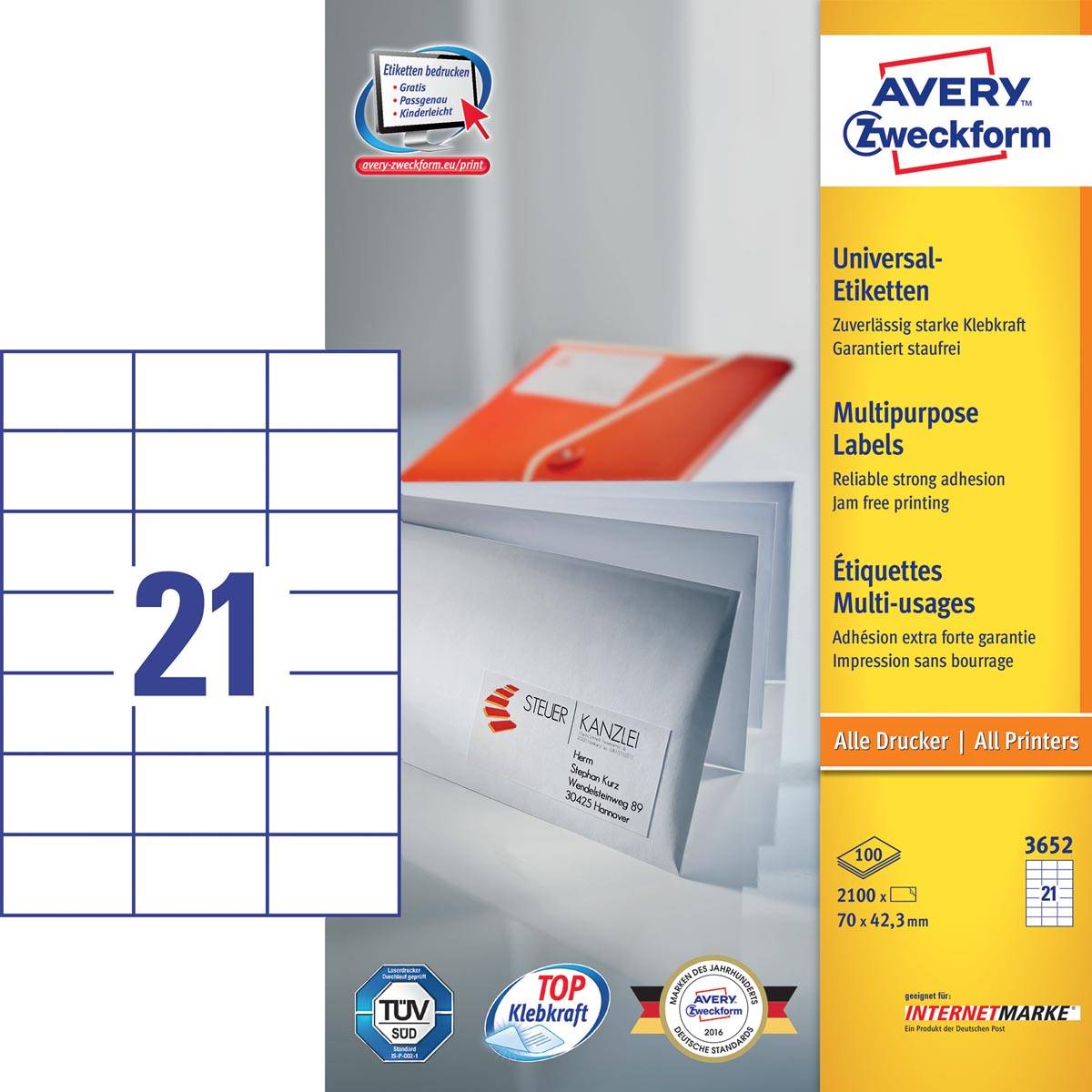 Avery Zweckform 3652, Universele etiketten, Ultragrip, wit, 100 vel, 21 per vel, 70 x 42,3 mm