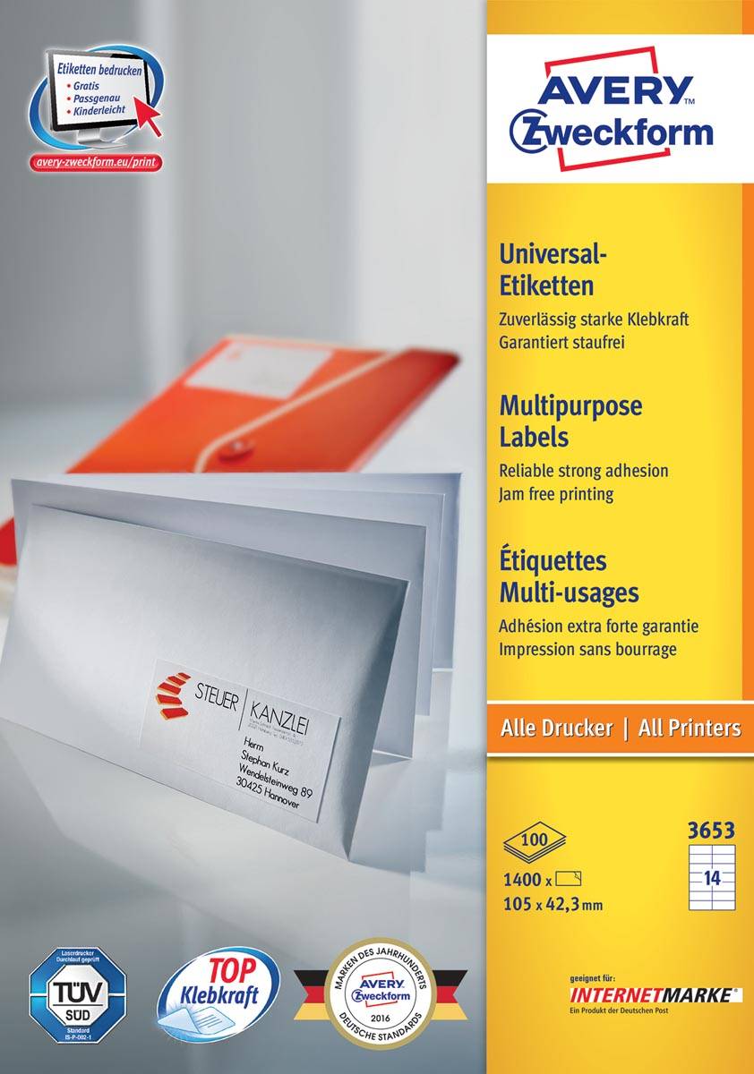 Avery Zweckform 3653, Universele etiketten, Ultragrip, wit, 100 vel, 14 per vel, 105 x 42,3 mm