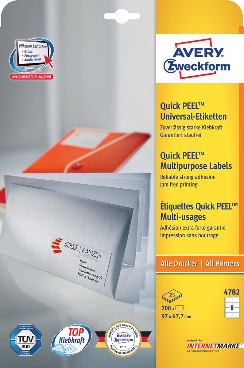 Avery Zweckform 4782, Universele etiketten, Ultragrip, wit, 25+5 vel, 8 per vel, 97 x 67,7 mm