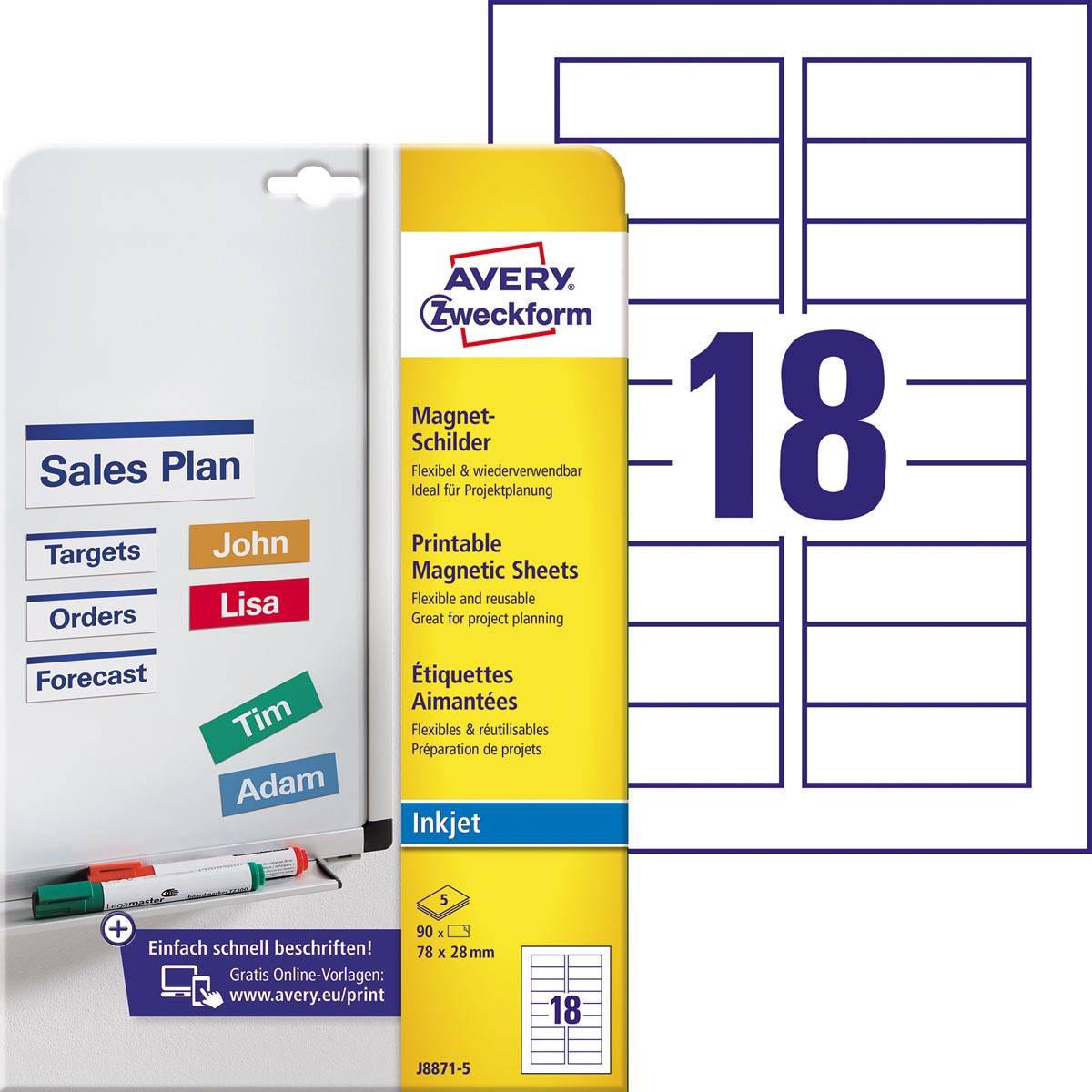 Avery Zweckform J8871-5 magneetetiketten ft 78 x 28 mm (b x h), zonder coating, 90 etiketten, wit
