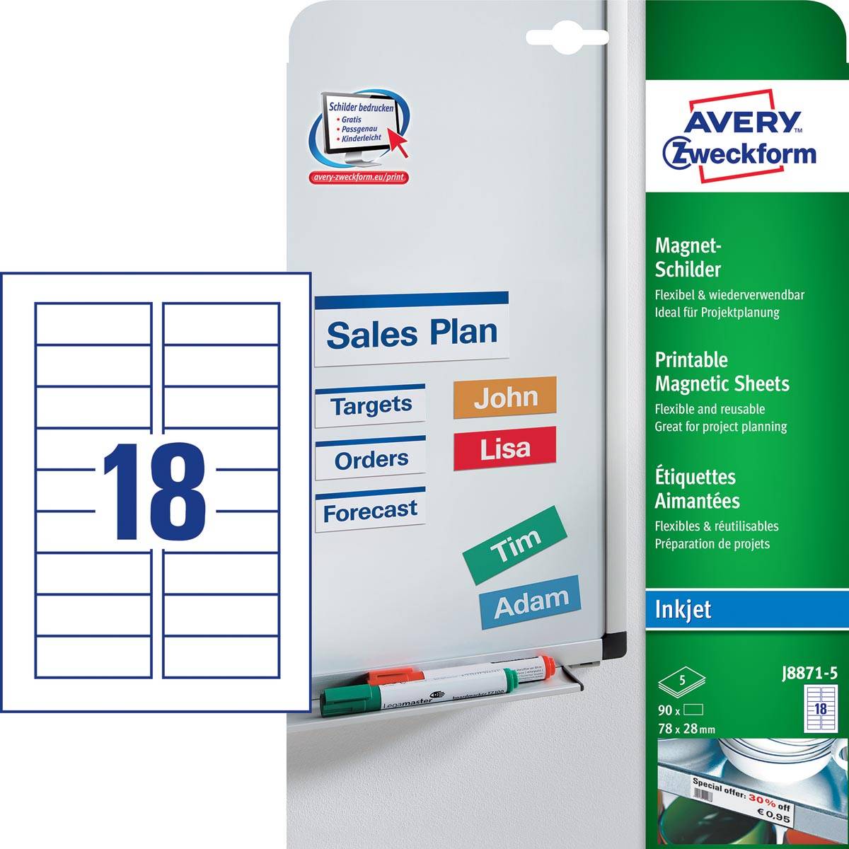 Avery Zweckform J8871-5 magneetetiketten ft 78 x 28 mm (b x h), zonder coating, 90 etiketten, wit