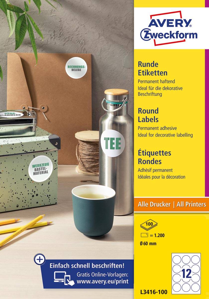 Avery Zweckform ronde etiketten, diameter 60 mm, wit, permanent klevend, 120 etiketten, 10 vellen