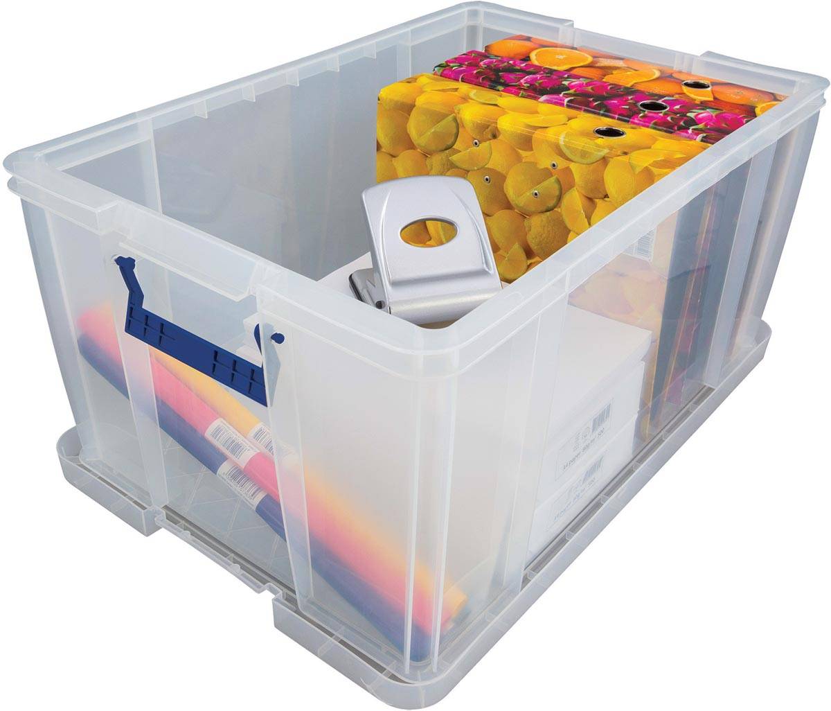 Bankers Box opbergdoos 70 liter, transparant met blauwe handvaten, per stuk verpakt in karton