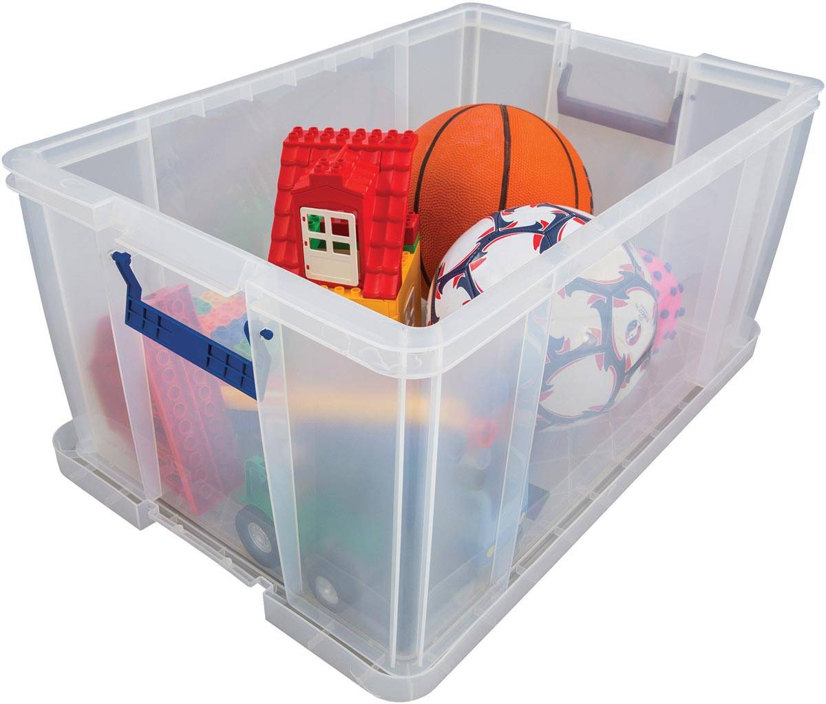 Bankers Box opbergdoos 70 liter, transparant met blauwe handvaten, per stuk verpakt in karton