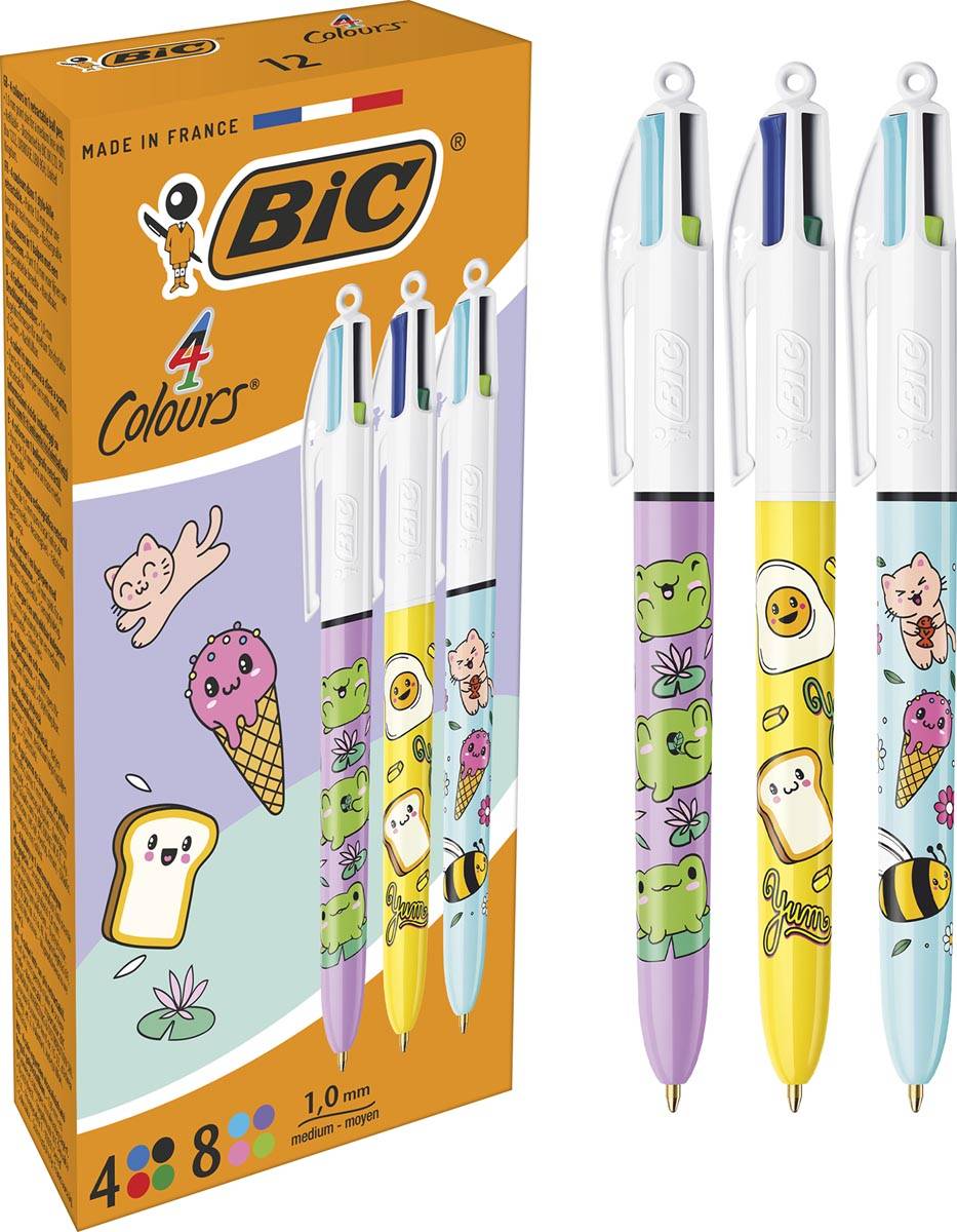 Bic 4-kleurenbalpen Kawai, doos van 12 stuks, assorti