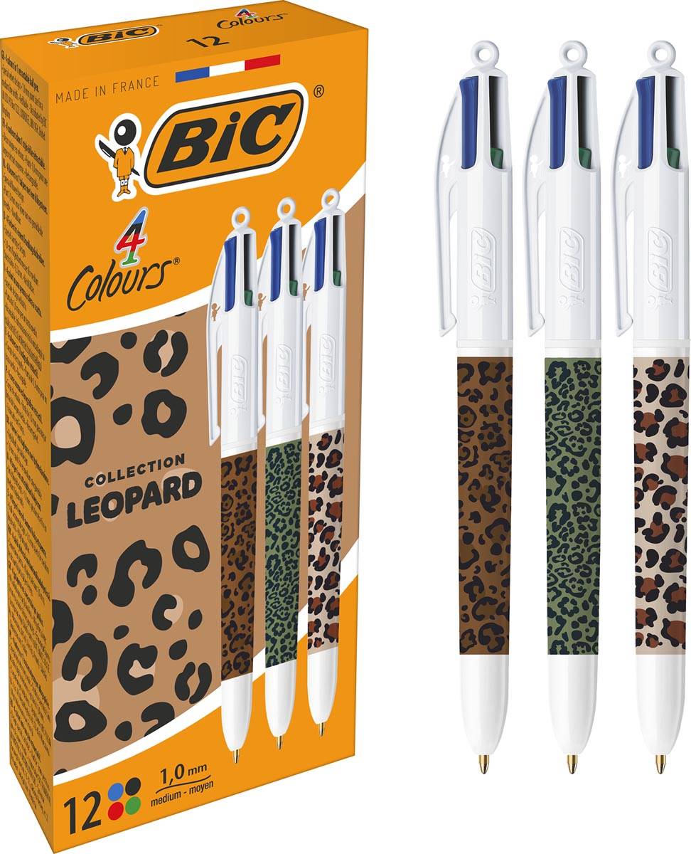 Bic 4-kleurenbalpen Leopard, doos van 12 stuks, assorti