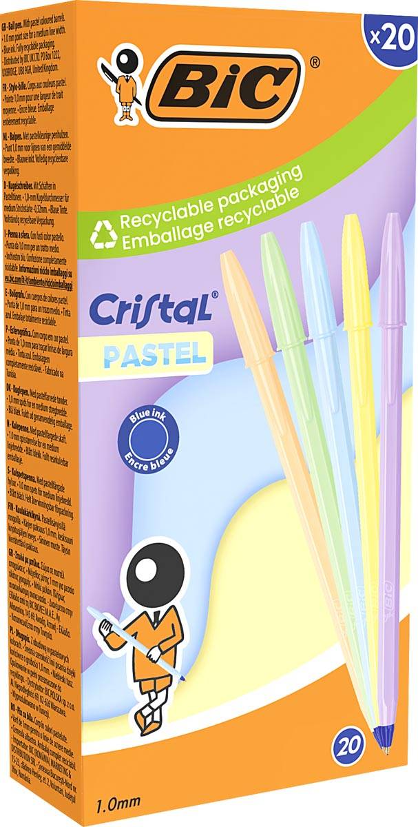 Bic balpen Cristal Medium pastel, doos van 20 stuks, assorti