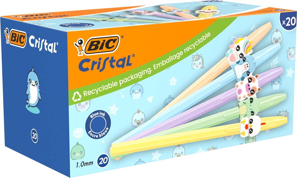 Bic balpen Cristal Medium pastel figurines, doos van 20 stuks, assorti
