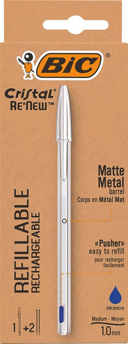 Bic balpen Cristal Re-new, zilveren lichaam, blauwe inkt, doos met 1 stuk en 2 navullingen