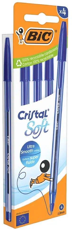Bic balpen Cristal Soft, medium punt, blauw, blister van 4 stuks