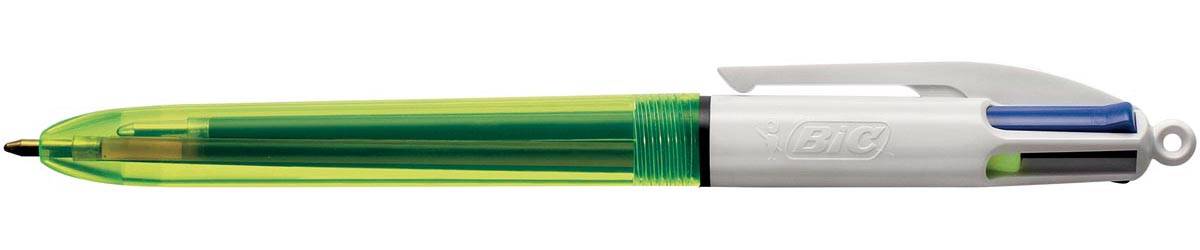 Bic Colours Fluo 4-kleurenbalpen, medium, 3 klassieke inktkleuren en een markeerstift fluo geel