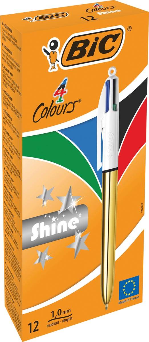 Bic Colours Shine 4-kleurenbalpen, medium, klassieke inktkleuren, lichaam goud
