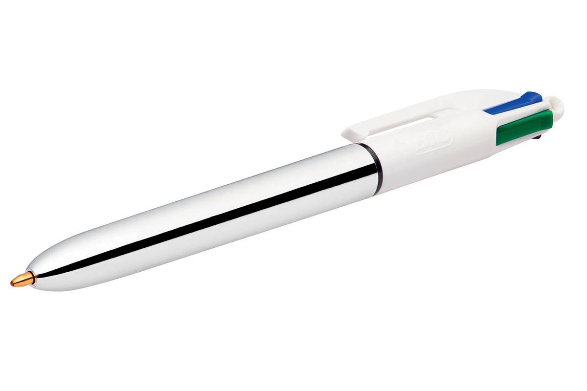 Bic Colours Shine 4-kleurenbalpen, medium, klassieke inktkleuren, lichaam zilver