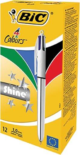 Bic Colours Shine 4-kleurenbalpen, medium, klassieke inktkleuren, lichaam zilver