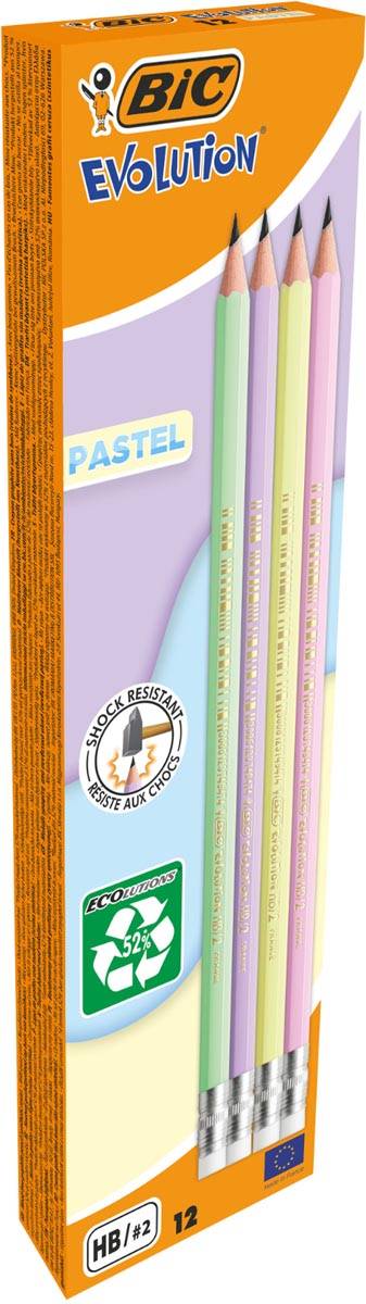 Bic grafietpotlood Evolution Pastel HB met gom, doos van 12 stuks, assorti