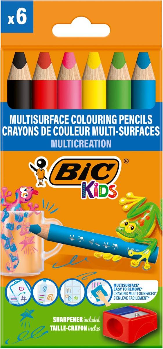 Bic Kids kleurpotlood Multisurface, assorti, etui van 6 stuks + slijper