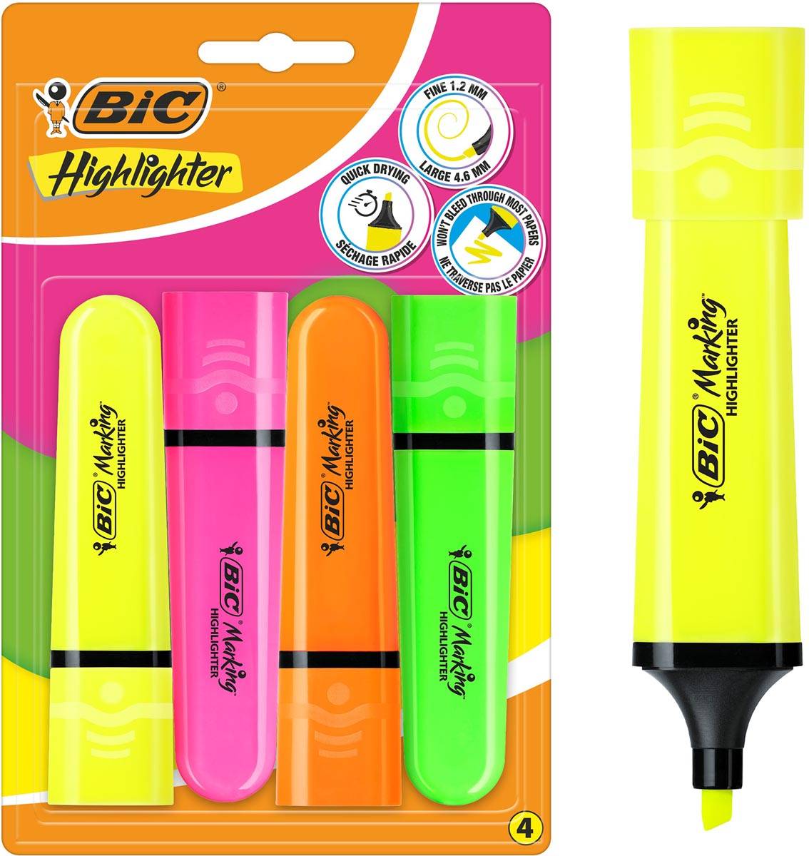 Bic markeerstift Highlighter Flat, geassorteerde kleuren, blister van 4 stuks