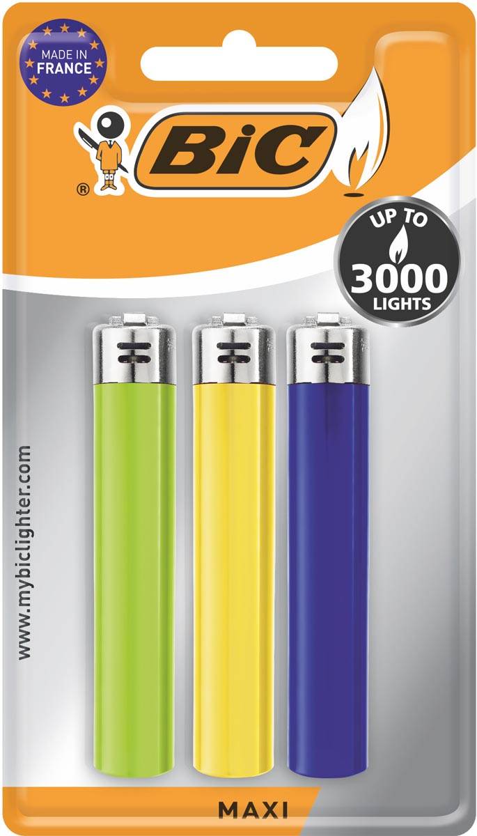 BIC Maxi vuursteen aansteker, geassorteerde kleuren, blister van 3 stuks