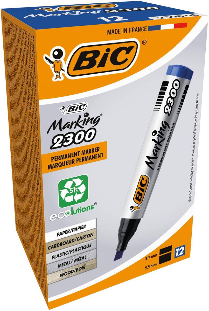 Bic permanent marker 2300 ECOlutions, schrijfbreedte 3,7 - 5,5 mm, schuine punt, blauw