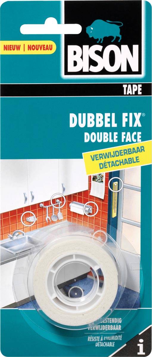 Bison dubbelzijdige plakband voor binnen, verwijderbaar, ft 19 mm x 1,5 m, transparant
