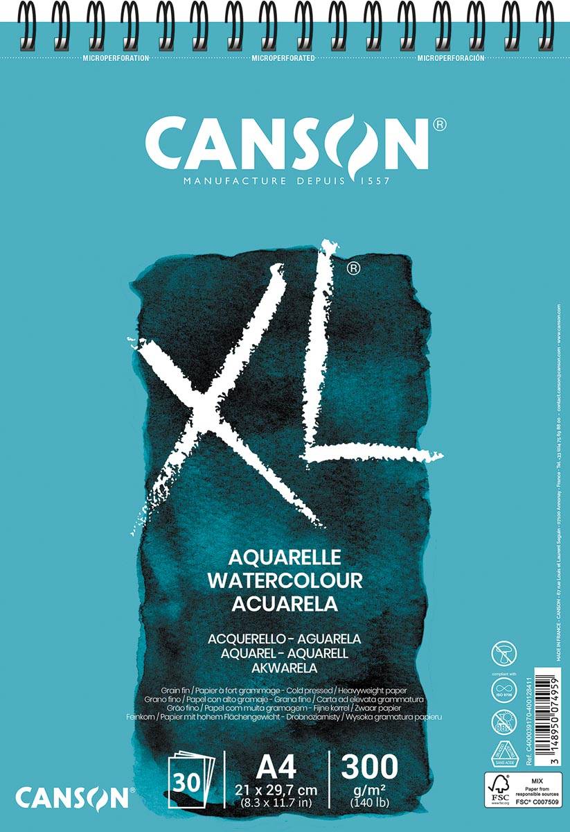 Canson schetsblok XL aquarelle 300g/m² ft A4, 30 vel